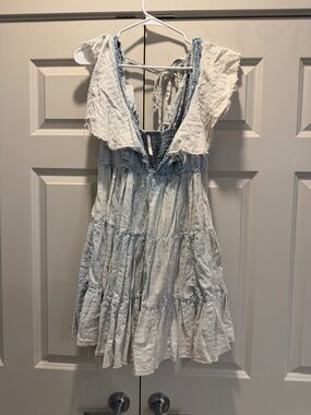 Free People Light Blue and White Tiered Ruffle Sundress